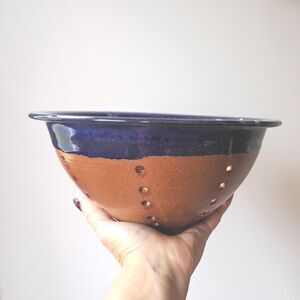 Handmade Blue Studio Pottery Colander Hand Thrown Berry Bowl Stoneware Strainer